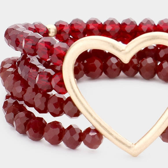 Red Beads Stretch MultiLayered Heart Gold Bracelet Fashion Statement Jewelry - Picture 2 of 3